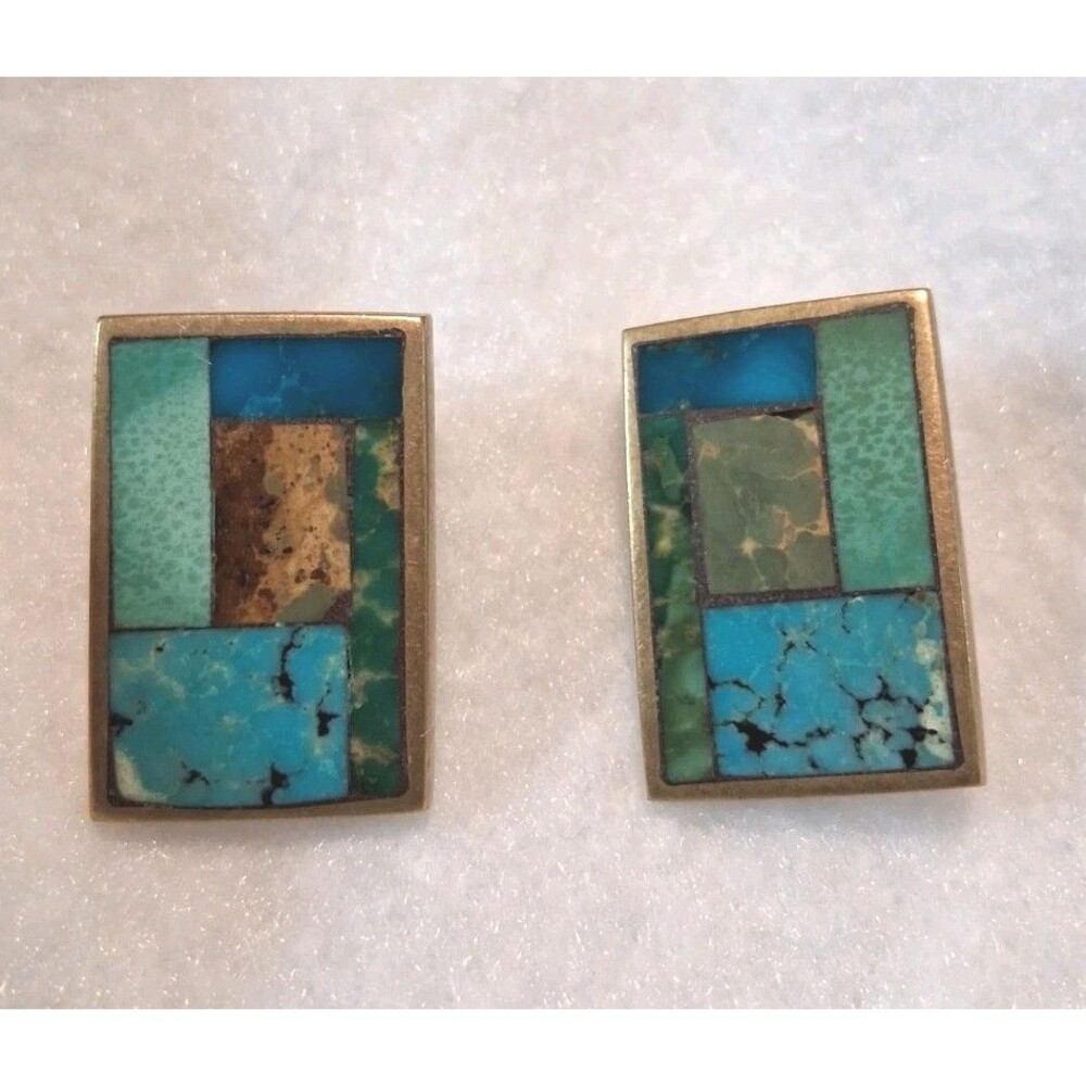 Geometric Turquoise Stone Mosaic Pierced Earrings